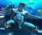  1boy abs animal_collar aquarium bara bare_pectorals black_sclera blue_eyes blue_hair collar colored_sclera commission cyborg erection feet_out_of_frame fish highres holding holding_collar jouvru large_pectorals large_penis male_focus muscular muscular_male nipples no_male_underwear open_clothes open_pants open_shirt original pants pectorals penis short_hair solo spiked_penis spread_legs stomach testicles thick_thighs thighs uncensored 