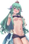  1girl :d absurdres bangs black_shorts blush breasts clothes_lift clothes_pull crown eyebrows_visible_through_hair finana_ryugu flower green_hair hair_between_eyes hair_flower hair_ornament head_fins highres kananote large_breasts lifted_by_self long_hair looking_at_viewer mini_crown navel nijisanji nijisanji_en purple_eyes purple_flower shirt_lift short_shorts shorts shorts_pull smile solo stomach underboob very_long_hair virtual_youtuber wet wrist_cuffs 