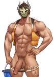  1boy abs alternate_costume bara bare_pectorals black_male_swimwear brown_hair character_request clothing_aside commission cross-laced_cutout crotch_cutout erection feet_out_of_frame fire_emblem flaccid highres horned_mask jouvru large_pectorals large_penis looking_at_viewer male_focus male_pubic_hair male_swimwear male_swimwear_pull mask muscular muscular_male navel nipples pectorals penis pubic_hair short_hair solo stomach swim_briefs swimsuit swimsuit_aside thick_thighs thighs uncensored wet white_male_swimwear 