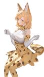  1girl absurdres animal_ears bangs bare_shoulders blonde_hair blush breasts cat_ears cat_girl cat_tail closed_mouth elbow_gloves extra_ears feet_out_of_frame gloves hands_up high-waist_skirt highres invisible_chair kemono_friends large_breasts looking_at_viewer orange_eyes print_legwear print_skirt rosehip_t72 serval_(kemono_friends) shirt short_hair simple_background sitting skirt sleeveless sleeveless_shirt smile solo tail w_arms white_gloves white_shirt yellow_background yellow_legwear yellow_skirt 
