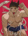  1boy abs animal_ears bara black_male_underwear boxers bulge cat_ears extra_eyes facial_mark feet_out_of_frame hellme_grg highres leaning_forward male_focus male_underwear monster_boy muscular muscular_male navel nipples original pectorals red_eyes saliva short_hair sideburns solo stomach tail tentacles tentacles_on_male tentacles_under_clothes thighs tongue tongue_out topless_male underwear underwear_only 