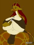  anthro balls_outline big_breasts breasts bulge clothed clothing cutting_clothing detailed_bulge digital_media_(artwork) genital_outline giraffe giraffid hair herm hi_res horn intersex knife knife_play looking_at_viewer makumba mammal red_hair smile solo thick_thighs 