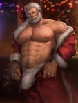  1boy abs absurdres appas bara bare_pectorals beard bulge christmas clothes_pull erection erection_under_clothes facial_hair feet_out_of_frame fur-trimmed_jacket fur_trim head_tilt highres jacket jockstrap large_bulge large_pectorals male_focus male_underwear mature_male muscular muscular_male navel navel_hair nipples off_shoulder old old_man open_clothes open_jacket overwatch paid_reward_available pants pants_pull pectorals reinhardt_(overwatch) santa_costume scar scar_across_eye scar_on_face seductive_smile short_hair smile solo stomach underwear veiny_hands white_hair white_male_underwear 