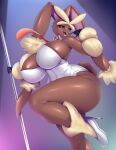  anthro big_breasts black_sclera breasts brown_body female hi_res high_heels mega_evolution mega_lopunny mleonheart nintendo pok&eacute;mon pok&eacute;mon_(species) pole red_eyes solo text video_games 