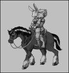  anthro armor bec_the_rabbit boots breastplate bridle canid canine canis clothing digital_media_(artwork) duo embrace equid equine female footwear grey_background greyscale hi_res horse hug hugging_from_behind jaclyn_(revertigo) lagomorph landsknecht leporid male mammal monochrome nervous rabbit reins revertigo riding saddle shaded signature simple_background sitting smile tack wolf 