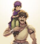  2boys anbe_yoshirou black_hair bracelet cape child closed_eyes dragon_quest dragon_quest_v fang_necklace father&#039;s_day father_and_son happy hero_(dq5) highres jewelry long_hair low_ponytail multiple_boys papas ponytail purple_cape smile turban 
