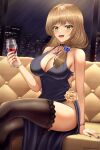  1girl bangs bare_shoulders blonde_hair blush bottle braid breasts cleavage crossed_legs cup drinking_glass flower genshin_impact green_eyes hair_flower hair_ornament highres indoors large_breasts lisa_(genshin_impact) long_hair looking_at_viewer night pantyhose rayleigh_scale side_slit sitting solo thighhighs thighs wine_bottle wine_glass 
