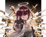  1girl absurdres arknights black_gloves blood blood_on_face breasts brown_tank_top closed_mouth commentary_request elite_ii_(arknights) exusiai_(arknights) finger_gun fingerless_gloves gloves gun halo highres jacket jiji_(pixiv10646874) off_shoulder one_eye_closed orange_eyes red_hair short_hair solo tank_top weapon white_jacket 