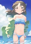  1girl bikini blue_bikini bow breasts brown_eyes brown_hair cowboy_shot frilled_bikini frills fuyubone hair_bow highres idolmaster idolmaster_cinderella_girls jacket jacket_over_swimsuit jacket_partially_removed long_hair navel ocean small_breasts swimsuit tachibana_arisu 