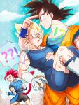  !? 3boys anger_vein ass back bara black_bodysuit black_hair blonde_hair blue_bodysuit blush bodysuit boots carrying carrying_person closed_mouth cloud day dougi dragon_ball dragon_ball_legends dragon_ball_super dragon_ball_z facial_mark fuoore_(fore0042) gloves green_eyes highres large_pectorals looking_at_another majin_vegeta monkey_tail multiple_boys muscular muscular_male nipples open_mouth outdoors pectorals princess_carry red_eyes red_hair saiyan saiyan_armor shallot_(dragon_ball) sky smile son_goku spiked_hair super_saiyan super_saiyan_2 super_saiyan_god surprised tail torn_bodysuit torn_clothes vegeta white_gloves 