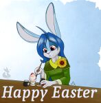  anthro blue_body blue_fur blue_hair breasts clothed clothing digital_media_(artwork) easter easter_egg egg english_text female flower foxyverse fur hair hi_res holidays lagomorph leporid lilly_sallaris long_hair mammal mancoin painting plant rabbit signature simple_background small_breasts smile solo sunflower text white_body white_fur 