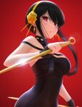  1girl bangs black_dress black_gloves breasts cleavage covered_navel dress dual_wielding earrings eyebrows_visible_through_hair fingerless_gloves flower gloves hair_flower hair_ornament hairband highres holding holding_sword holding_weapon jewelry large_breasts parted_lips red_background red_eyes rose short_hair_with_long_locks sidelocks simple_background siraha sleeveless sleeveless_dress solo spy_x_family sword upper_body weapon yellow_flower yellow_hairband yellow_rose yor_briar 