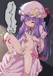  1girl blush bottomless bow breasts censored closed_eyes crescent dress fingering hat highres long_hair masturbation mob_cap navel patchouli_knowledge purple_hair pussy pussy_juice red_bow red_ribbon ribbon small_breasts socks solo sweat touhou toutou_(soyarrow) 