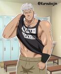  armpits arms_up axel_(danshin) bara face facing_viewer highres kuroubojin lineart male_focus muscular muscular_male smile thick_eyebrows thick_thighs thighs white_hair yaoi yellow_eyes 