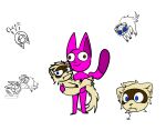  absurd_res blue_eyes brown_eyes carrying duo feral fluffy fluffy_tail fred grumpy happy hi_res male pink_body simple_background smile standing vcrain white_background 