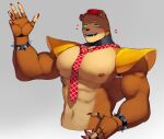  2022 abs animatronic anthro areola artist_name biceps bracelet brown_body brown_fur claws clothing digital_media_(artwork) eyeshadow fingers five_nights_at_freddy&#039;s freddy_fazbear&#039;s_pizzeria_simulator fur gesture glamrock green_eyes grey_background hat headgear headwear hi_res jewelry kato200_0 machine makeup male mammal multicolored_body multicolored_fur muscular muscular_anthro muscular_male navel necktie nedd_bear_(fnaf) nipples nude pecs robot scottgames shoulder_pads signature simple_background smile solo spiked_bracelet spikes standing tan_body tan_fur teeth two_tone_body two_tone_fur ursid video_games waving 