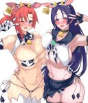  animal_ears animal_print bangs bell blue_eyes blush boudica_(fate) breast_press breasts collar content_rating cow_ears cow_horns cow_print fate/grand_order fate_(series) horns large_breasts long_hair looking_at_viewer lowleg lowleg_skirt mature_female medium_skirt minamoto_no_raikou_(fate) multiple_girls neck_bell one_eye_closed open_mouth panties panty_straps purple_eyes purple_hair red_hair satou_(kuso-neet) skirt smile thighhighs thong underwear 