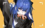  1girl arknights black_gloves black_jacket blue_eyes blue_hair cheonyeon-hi commentary demon_horns doughnut eating expressionless eyebrows_visible_through_hair food fur-trimmed_jacket fur_trim gloves hair_between_eyes highres holding holding_food horns jacket jpeg_artifacts long_hair looking_at_viewer mostima_(arknights) open_clothes open_jacket orange_background outstretched_arm pov shirt simple_background solo teeth upper_body viewfinder white_shirt 