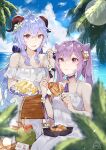  2girls :i absurdres ahoge bangs blue_hair blue_sky blurry blurry_foreground closed_mouth cloud cloudy_sky commentary day depth_of_field dress eating english_commentary eyebrows_visible_through_hair flower food ganyu_(genshin_impact) genshin_impact hair_between_eyes hair_cones hair_flower hair_ornament hayate_fish highres holding holding_food holding_plate horizon keqing_(genshin_impact) long_hair looking_at_viewer multiple_girls off-shoulder_dress off_shoulder on_bench outdoors parted_lips plate purple_eyes purple_hair red_eyes sitting sky smile twintails very_long_hair water white_flower 