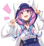  1girl :d abi_(abimel10) anchor_symbol blue_bow blue_hair blue_skirt blush bow braid breasts double_v hands_up high-waist_skirt hololive hood hood_up hooded_jacket jacket long_hair long_sleeves low_twintails medium_breasts minato_aqua multicolored_hair notice_lines pink_hair pleated_skirt puffy_long_sleeves puffy_sleeves purple_eyes shirt simple_background skirt smile solo streaked_hair twin_braids twintails two-tone_hair upper_body v very_long_hair virtual_youtuber white_background white_jacket white_shirt 