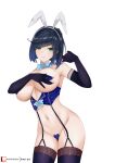  1girl \||/ absurdres amai-pai animal_ears armpits bangs black_gloves black_hair blue_bow blue_bowtie bob_cut bow bowtie breast_grab breasts censored cleavage commentary_request covered_nipples covering covering_breasts cowboy_shot detached_collar diagonal_bangs elbow_gloves eyelashes fake_animal_ears garter_straps genshin_impact gloves grabbing green_eyes heart heart_censor highres lace-trimmed_legwear lace_trim large_breasts multicolored_hair navel parted_lips patreon_username playboy_bunny purple_legwear simple_background solo streaked_hair suspenders thighhighs thighs two-tone_hair underboob white_background yelan_(genshin_impact) zipper 