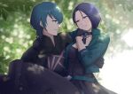  1boy 1girl absurdres armor black_armor black_choker black_gloves black_pants black_shirt blue_hair blush bodice byleth_(fire_emblem) byleth_(fire_emblem)_(male) carrying carrying_person choker closed_mouth commentary_request eyebrows_visible_through_hair fire_emblem fire_emblem:_three_houses gloves green_jacket highres homomomomon jacket lips looking_at_another open_clothes open_jacket pants pink_lips princess_carry purple_eyes purple_hair shamir_nevrand shirt short_hair sleeves_rolled_up smile sunlight teeth 
