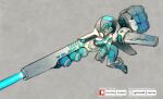  1girl armored_bodysuit beam_cannon blue_bodysuit blue_theme bodysuit crotch_plate double_bun energy_beam english_commentary firing full_body gauntlets grey_background helmet highres huge_weapon mecha_musume original science_fiction solo thrusters watermark weapon xaxaxa 
