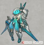  1girl absurdres arm_cannon armored_bodysuit blue_bodysuit blue_theme bodysuit boobplate breasts covered_navel crotch_plate english_commentary full_body gauntlets grey_hair highres long_hair mecha_musume medium_breasts open_mouth original personification science_fiction side_ponytail sketch solo spacecraft starfighter teeth thrusters upper_teeth visor weapon wide_hips xaxaxa 