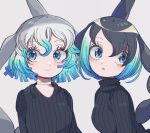  2girls alternate_costume black_hair black_sweater blonde_hair blowhole blue_eyes blue_hair cetacean_tail choker common_bottlenose_dolphin_(kemono_friends) common_raccoon_(kemono_friends) dolphin_girl dorsal_fin eyebrows_visible_through_hair grey_hair hair_between_eyes kanmoku-san kemono_friends long_sleeves matching_outfit multicolored_hair multiple_girls short_hair sweater turtleneck turtleneck_sweater v-neck white_choker white_hair 
