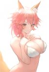  1girl animal_ear_fluff animal_ears bangs bare_arms bare_shoulders bikini bikini_top_only blush breasts brown_eyes cleavage closed_mouth commentary_request fate/grand_order fate_(series) fox_ears fox_tail hands_on_own_chest hands_up highres large_breasts looking_at_viewer navel otsukemono pink_hair short_hair simple_background smile solo stomach swimsuit tail tamamo_(fate) upper_body white_background 