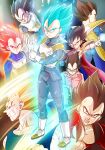  1boy adjusting_clothes adjusting_gloves age_progression armor back black_bodysuit black_hair blood blood_on_face blue_bodysuit blue_eyes blue_hair bodysuit boots brown_hair cape chest_armor child closed_mouth dragon_ball dragon_ball_gt dragon_ball_super dragon_ball_z evil_smile facial_mark fuoore_(fore0042) gloves green_eyes highres injury looking_at_viewer majin_vegeta male_focus muscular muscular_male open_mouth red_cape red_eyes red_hair saiyan saiyan_armor short_hair smile spiked_hair super_saiyan super_saiyan_1 super_saiyan_2 super_saiyan_4 super_saiyan_blue super_saiyan_god vegeta white_gloves 