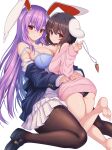  2girls animal_ears black_hair blouse breasts buttons carrot_necklace collared_blouse floppy_ears highres hijikawa_arashi inaba_tewi large_breasts long_hair multiple_girls necktie panties purple_hair rabbit_ears red_eyes red_necktie reisen_udongein_inaba short_hair touhou underwear very_long_hair wavy_hair white_blouse 