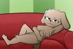  3_toes 4_fingers anthro bedroom_eyes black_nose breasts brown_eyes canid canine canis crossgender curvy_figure domestic_dog eyelashes featureless_breasts featureless_crotch feet female fingers fluffy fur furniture green_background hi_res humanoid inside looking_at_viewer lying lying_on_sofa mammal meme mtf_crossgender narrowed_eyes on_side on_sofa pattern_background paws seductive shaded simple_background smile sofa solo solo_focus tachitamachi talking_bella talking_ben tan_body tan_fur toes voluptuous 