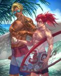  2boys abs bangs bara beowulf_(fate) blonde_hair commentary_request facial_hair fate/grand_order fate_(series) goatee highres holding koha-ace large_pectorals li_shuwen_(fate) li_shuwen_(young)_(fate) long_hair male_focus multiple_boys muscular muscular_male nipples pectorals ponytail red_hair renga2250 scar short_hair smile tattoo topless_male 