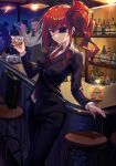  1boy 1girl 3others alcohol bangs bartender black_pants bottle breasts commission cup drinking_glass english_commentary eyepatch holding holding_cup long_sleeves looking_at_viewer maji_de_watashi_ni_koi_shinasai! margit_eberbach multiple_others necktie niac one_side_up pants red_eyes red_hair red_tie short_hair sidelocks standing vest 