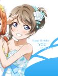  2girls anibache bangs birthday blue_background blue_eyes blush breasts character_name cleavage collarbone commentary dated dress earrings english_text eyebrows_visible_through_hair flower hair_bun hair_flower hair_ornament happy_birthday jewelry love_live! love_live!_sunshine!! medium_breasts multiple_girls orange_hair out_of_frame salute short_hair sidelocks smile strapless strapless_dress takami_chika two-tone_background upper_body watanabe_you white_background 
