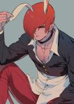  1boy absurdres animal_ears bangs beniazumaru closed_mouth collar grey_background hair_over_one_eye highres long_sleeves looking_at_viewer male_focus pants pectoral_cleavage pectorals rabbit_ears red_hair red_pants short_hair simple_background solo the_king_of_fighters yagami_iori 
