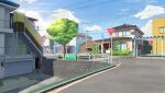  air_conditioner balcony blue_sky building car cloud commentary_request garage ground_vehicle highres house isbeyvan japan motor_vehicle no_humans original outdoors painting power_lines scenery shadow sky tree utility_pole window 