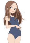  1girl breasts brown_eyes brown_hair commentary_request furuyama_itaru karakai_jouzu_no_takagi-san long_hair looking_at_viewer one-piece_swimsuit open_mouth school_swimsuit small_breasts solo swimsuit takagi-san 