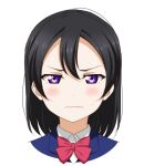  1girl anibache bangs black_hair blush commentary embarrassed frown looking_at_viewer love_live! love_live!_sunshine!! love_live!_sunshine!!_the_school_idol_movie_over_the_rainbow portrait purple_eyes school_uniform short_hair solo watanabe_tsuki white_background 