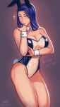  1girl animal_ears arcane:_league_of_legends artist_name bare_arms bare_legs bare_shoulders blue_eyes blue_hair breasts caitlyn_(league_of_legends) character_name cleavage commentary detached_collar english_commentary highres iahfy league_of_legends leotard light_blush long_hair looking_at_viewer medium_breasts parted_lips rabbit_ears rabbit_girl rabbit_tail see-through simple_background smile solo sparkle tail thighs wrist_cuffs 