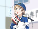  1girl anibache bangs blue_eyes blush commentary diamond_mouth eyebrows_visible_through_hair gloves hat light_brown_hair long_sleeves love_live! love_live!_sunshine!! microphone microphone_stand police police_uniform saitou_shuka sash short_hair sidelocks solo surprised uniform upper_body voice_actor_connection watanabe_you white_gloves 