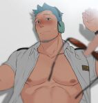  1boy abs animal_crossing bara bare_pectorals blue_eyes blue_hair blush collared_shirt facial_hair glasses headphones large_pectorals looking_at_viewer lying male_focus manly mature_male muscular muscular_male nipples on_back open_clothes open_shirt orville_(animal_crossing) otototo pectorals shirt spiked_hair stubble sunglasses sweat sweatdrop upper_body watch 