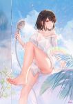  1girl atdan bangs bare_legs barefoot breasts brown_hair cleavage eyebrows_visible_through_hair feet foot_out_of_frame highres holding holding_shower_head large_breasts leg_up long_sleeves looking_at_viewer open_mouth original panties petals plant rainbow red_eyes shirt short_hair shower_head single_bare_shoulder sitting solo toes underwear water wet white_panties white_shirt 