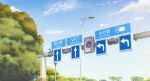  arrow_(symbol) blue_sky cloud commentary highres isbeyvan japan lamppost no_humans original outdoors road_sign scenery sign sky tree 