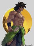  1boy abs artist_name bara biceps black_eyes black_hair broly_(dragon_ball_super) bulge clenched_hands collar dark-skinned_male dark_skin dragon_ball dragon_ball_super large_pectorals long_hair long_skirt looking_to_the_side male_focus manly mature_male muscular muscular_male nipples pants pectorals scar scar_on_chest skirt solo spiked_hair thick_arms thick_eyebrows thick_thighs thighs tight tight_pants topless topless_male torakichi_(ebitendon) torn_clothes twitter_username wristband 
