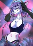  2022 anthro breasts canid canine canis clothed clothing digital_media_(artwork) domestic_dog eyebrows eyelashes female hair hi_res jewelry mammal midriff navel necklace omesore purple_hair smile 