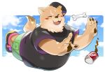  2022 anthro belly beverage_can big_belly bottomwear brown_body brown_fur can canid canine canis clothing container domestic_dog eyes_closed fur hat headgear headwear kemono male mammal masshiro overweight overweight_male shirt shorts solo topwear 