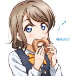  1girl anibache bangs birthday blue_eyes blush commentary doughnut eating eyebrows_visible_through_hair food grey_hair long_sleeves love_live! love_live!_sunshine!! lowres short_hair sidelocks solo translation_request upper_body watanabe_you white_background 