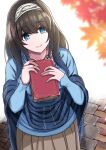  1girl blue_eyes book bookmark brown_hair closed_mouth collarbone edelweiss_(wsparkz) eyebrows_visible_through_hair fingernails hairband highres holding holding_book idolmaster idolmaster_cinderella_girls idolmaster_cinderella_girls_starlight_stage leaf long_hair maple_leaf outdoors sagisawa_fumika smile solo white_hairband 